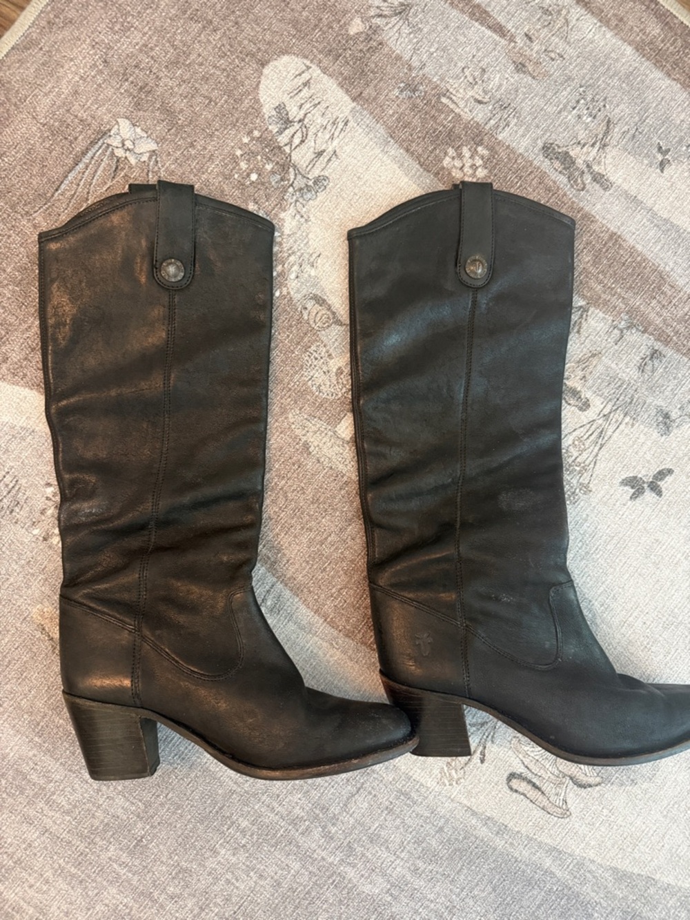 FRYE Leather Black Low Heel Boot Cowboy Moto Jackie Button Boot sz 8